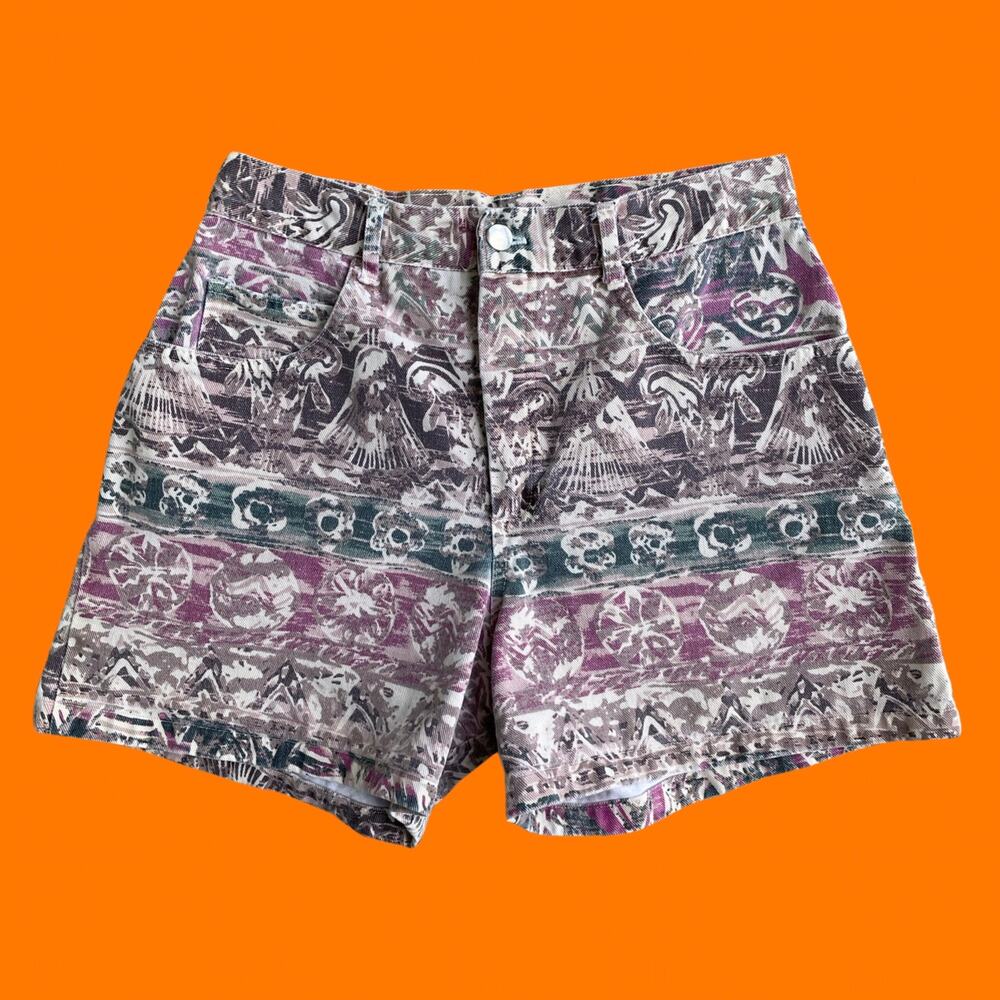 80's 90's vintage earthy abstract funky print high waisted denim shorts M/L